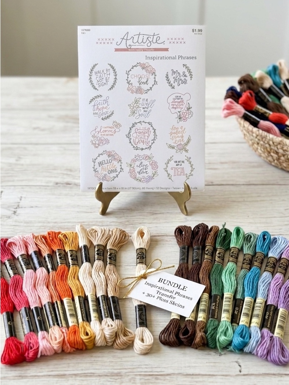 Artiste Inspirational Phrases Transfer Kit with Assorted Embroidery Floss Bundle